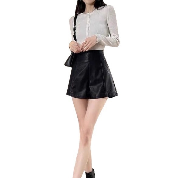 PU δερμάτινα σορτς με ψηλή μέση, τσέπες, αόρατο φερμουάρ, Α‑γραμμή για φθινοπωρινό-χειμερινό στυλ