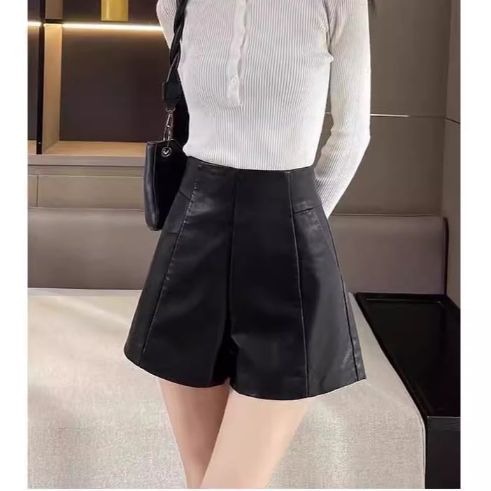 PU δερμάτινα σορτς με ψηλή μέση, τσέπες, αόρατο φερμουάρ, Α‑γραμμή για φθινοπωρινό-χειμερινό στυλ