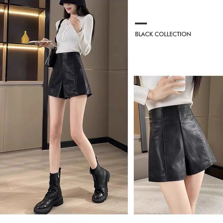 PU δερμάτινα σορτς με ψηλή μέση, τσέπες, αόρατο φερμουάρ, Α‑γραμμή για φθινοπωρινό-χειμερινό στυλ