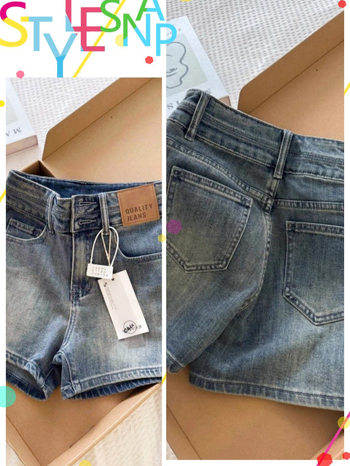 Džinsiniai šortai su žemu juosmeniu, tiesus kirpimas, vidutinė elastingumas, medvilnės–džins audinys 30–50% medvilnės