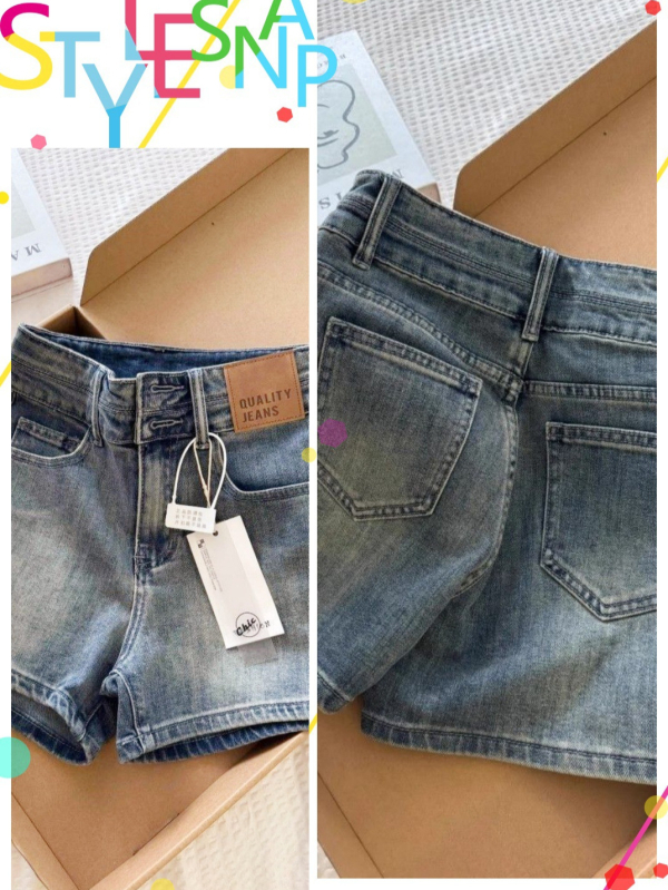 Džinsiniai šortai su žemu juosmeniu, tiesus kirpimas, vidutinė elastingumas, medvilnės–džins audinys 30–50% medvilnės