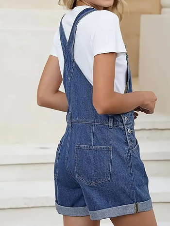 Moteriški džinsiniai šortai su reguliuojamomis dirželėmis, apvynioti kraštai, aukštas juosmuo, išplauto apdaila, medvilnės-elastano mišinys