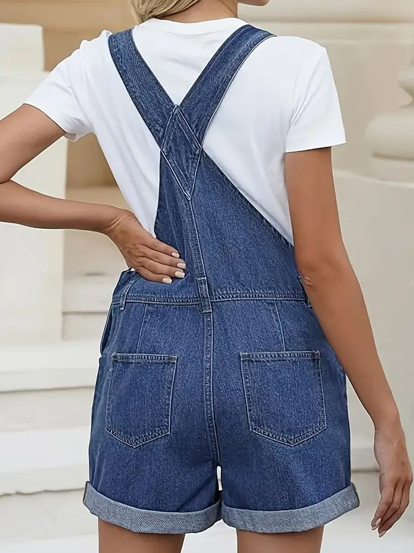 Moteriški džinsiniai šortai su reguliuojamomis dirželėmis, apvynioti kraštai, aukštas juosmuo, išplauto apdaila, medvilnės-elastano mišinys