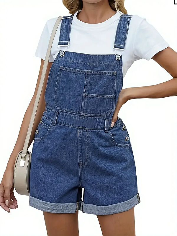 Moteriški džinsiniai šortai su reguliuojamomis dirželėmis, apvynioti kraštai, aukštas juosmuo, išplauto apdaila, medvilnės-elastano mišinys