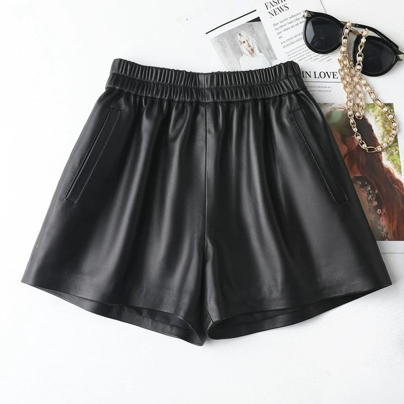 Γυναικείοι παντελόνες από φυσικό δέρμα προβάτου, φαρδιά γραμμή, μεσαία μέση, μικροελαστικότητα