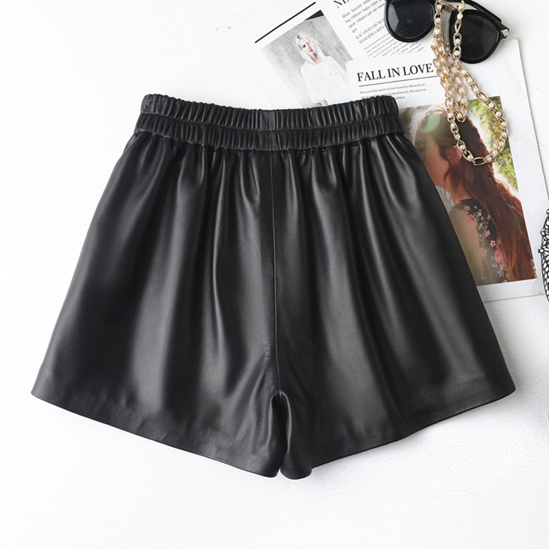 Γυναικείοι παντελόνες από φυσικό δέρμα προβάτου, φαρδιά γραμμή, μεσαία μέση, μικροελαστικότητα