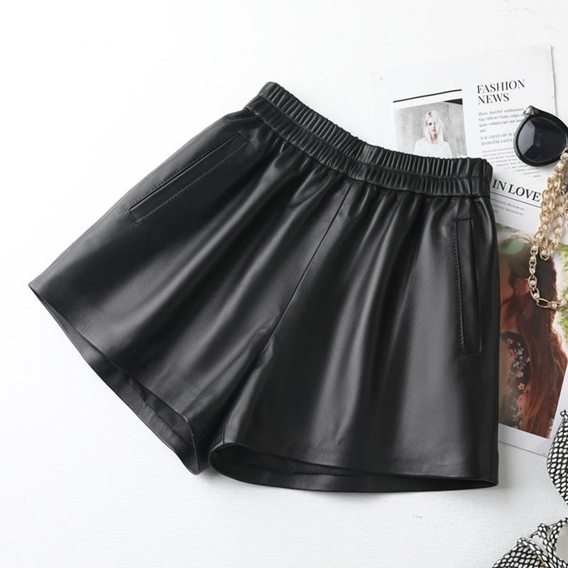 Γυναικείοι παντελόνες από φυσικό δέρμα προβάτου, φαρδιά γραμμή, μεσαία μέση, μικροελαστικότητα