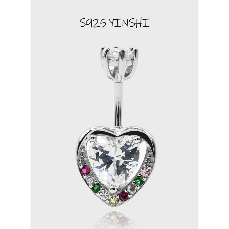 Loio 925-сребърен пръстен за пъп със сърцевидна форма и диаманти