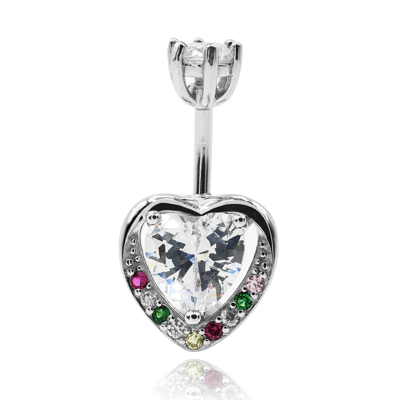 Loio 925-сребърен пръстен за пъп със сърцевидна форма и диаманти