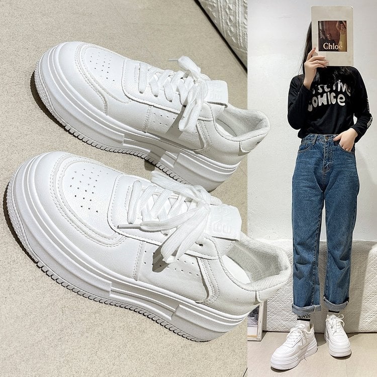 Дамски обувки с дебела подметка, кожена горна част, гумена подметка, Injection-molded технология на подметката, връзки, повдигаща височина, антихлъзгащи, за всички сезони, текстилна стелка