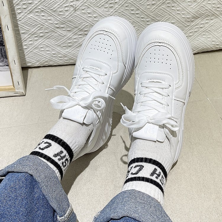 Дамски обувки с дебела подметка, кожена горна част, гумена подметка, Injection-molded технология на подметката, връзки, повдигаща височина, антихлъзгащи, за всички сезони, текстилна стелка