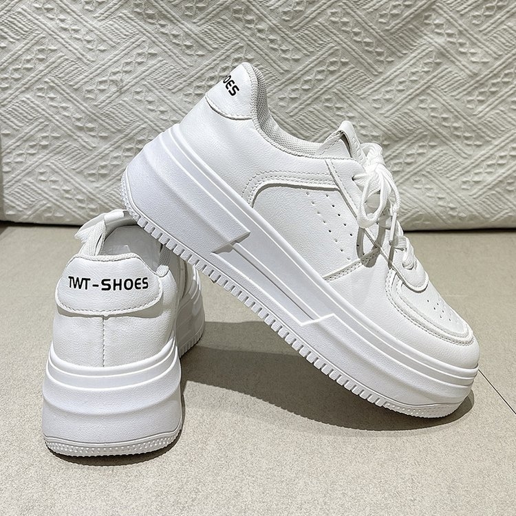 Дамски обувки с дебела подметка, кожена горна част, гумена подметка, Injection-molded технология на подметката, връзки, повдигаща височина, антихлъзгащи, за всички сезони, текстилна стелка