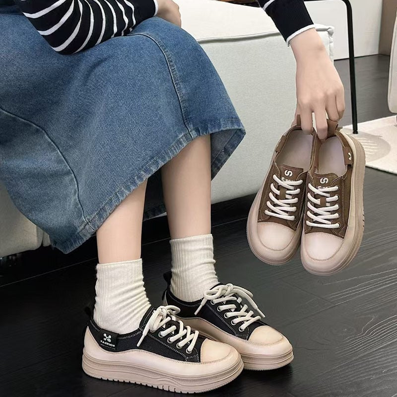 Pantofi sport din piele naturală pentru femei, partea superioară din piele de vită în două straturi, închidere cu șireturi, talpă din cauciuc cu platformă