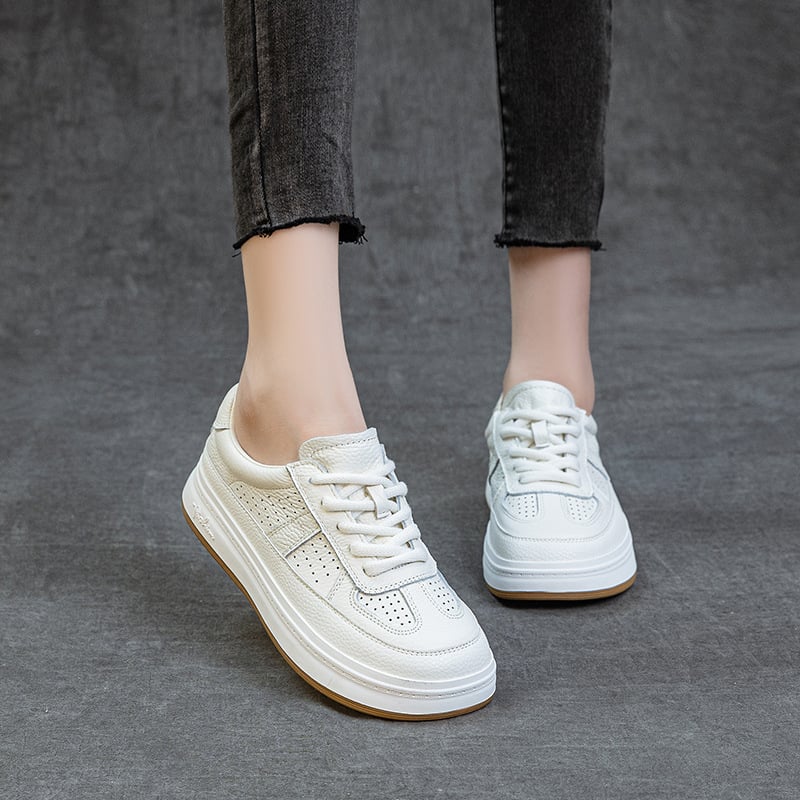 Женски кецове за ежедневие от първокласна телешка кожа, нисък връх, гумена подметка, предно връзване, дишащи и устойчиви на износване