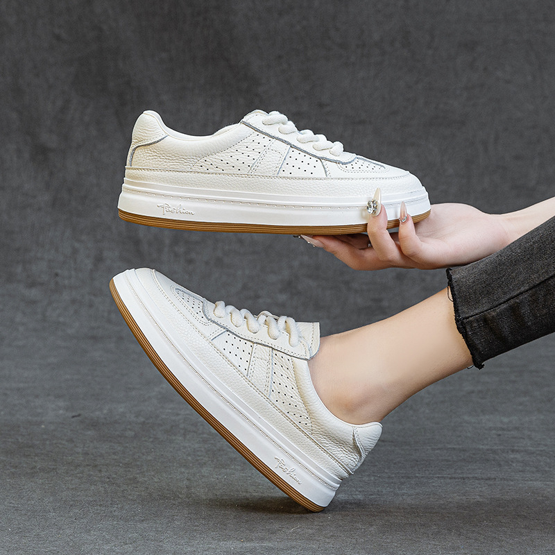 Женски кецове за ежедневие от първокласна телешка кожа, нисък връх, гумена подметка, предно връзване, дишащи и устойчиви на износване