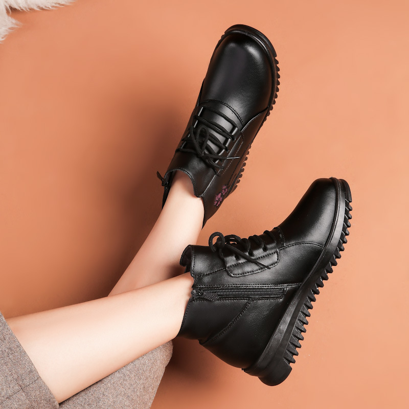 Pantofi de iarnă pentru femei, din bumbac, cu vamp din piele naturală, toc mic 1–3 cm, vârf rotund