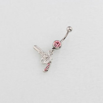 Женски пъпен пръстен с висулка пистолет, диамантена вложка, медицинска неръждаема стомана, извита пръчка за пробиване