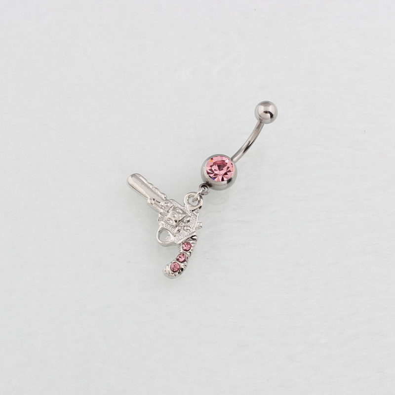 Женски пъпен пръстен с висулка пистолет, диамантена вложка, медицинска неръждаема стомана, извита пръчка за пробиване