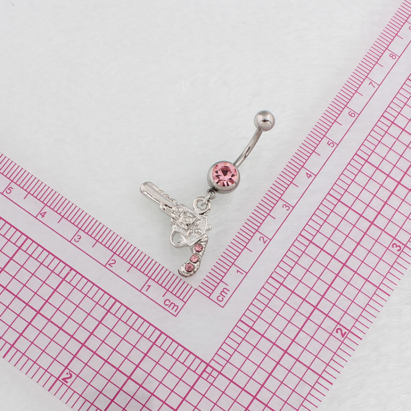 Женски пъпен пръстен с висулка пистолет, диамантена вложка, медицинска неръждаема стомана, извита пръчка за пробиване