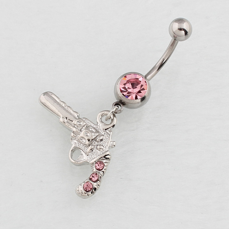 Женски пъпен пръстен с висулка пистолет, диамантена вложка, медицинска неръждаема стомана, извита пръчка за пробиване