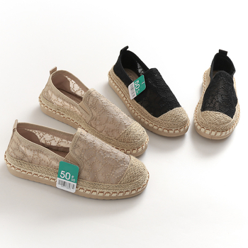 K839 Ženske platnene loaferice s debelim podom, izvezeni detalji od slame i konopljinog užeta – slip-on loafers ribarskog stila
