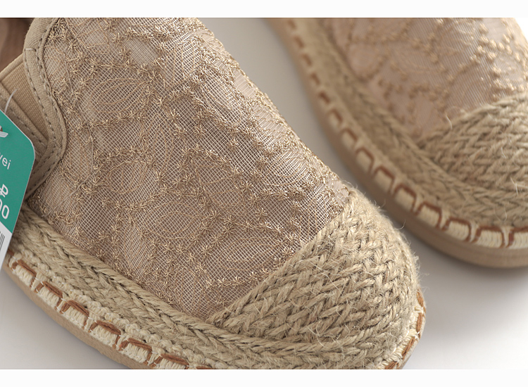 K839 Ženske platnene loaferice s debelim podom, izvezeni detalji od slame i konopljinog užeta – slip-on loafers ribarskog stila