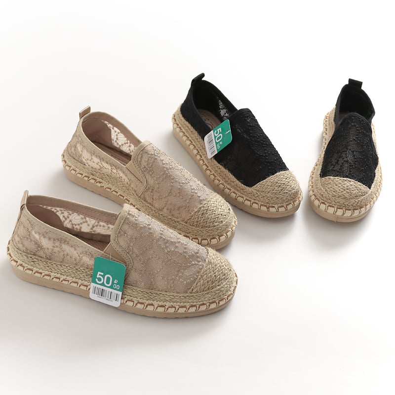 K839 Ženske platnene loaferice s debelim podom, izvezeni detalji od slame i konopljinog užeta – slip-on loafers ribarskog stila