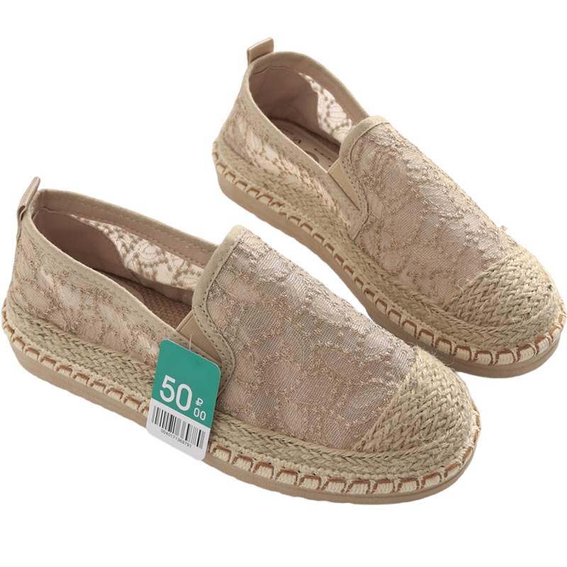 K839 Ženske platnene loaferice s debelim podom, izvezeni detalji od slame i konopljinog užeta – slip-on loafers ribarskog stila