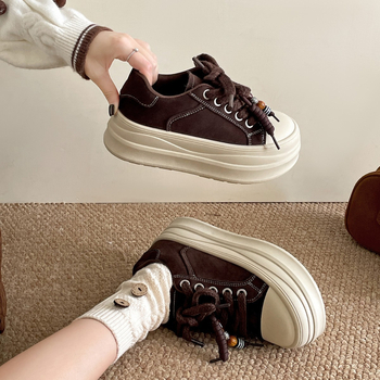 Дамски платнени обувки с дебела подметка и нисък връх, ретро стил (PU горна част; синтетична гума подметка; нисък връх; връзки; кръгъл нос)