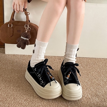 Дамски платнени обувки с дебела подметка и нисък връх, ретро стил (PU горна част; синтетична гума подметка; нисък връх; връзки; кръгъл нос)