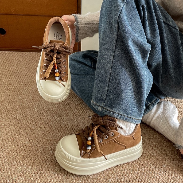 Дамски платнени обувки с дебела подметка и нисък връх, ретро стил (PU горна част; синтетична гума подметка; нисък връх; връзки; кръгъл нос)