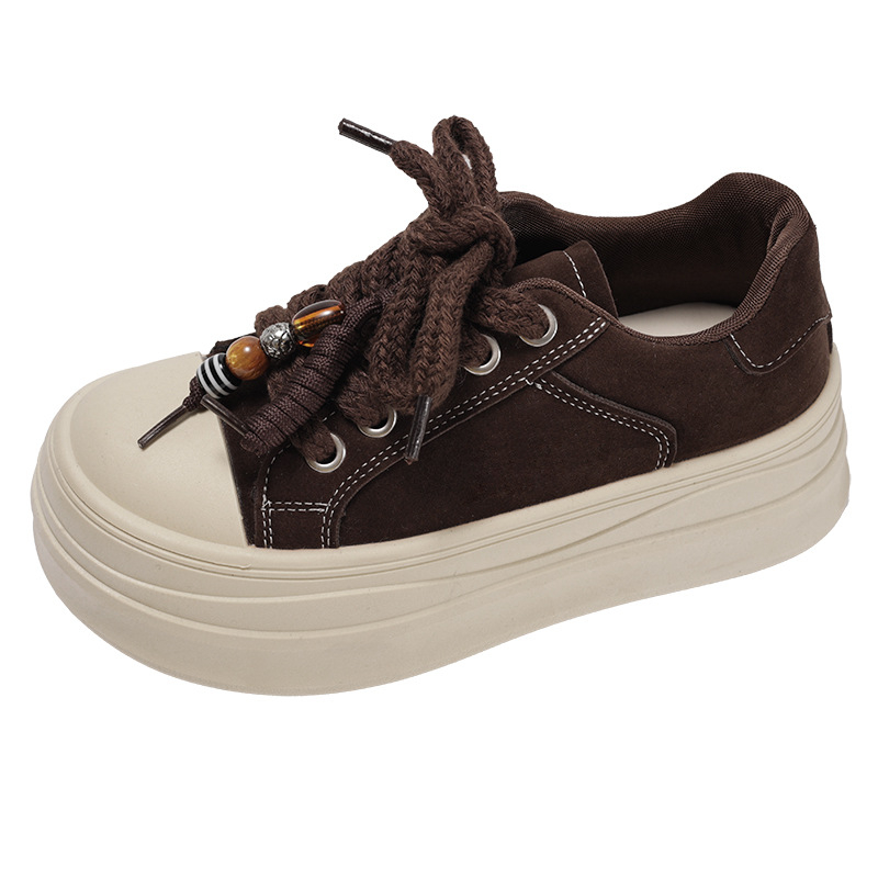 Дамски платнени обувки с дебела подметка и нисък връх, ретро стил (PU горна част; синтетична гума подметка; нисък връх; връзки; кръгъл нос)