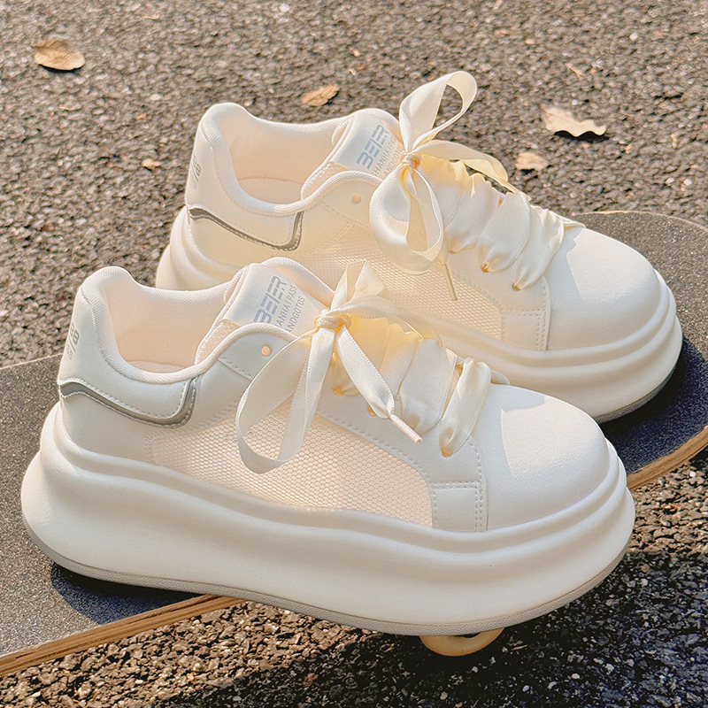 Дамски дишащи мрежести обувки - връзки отпред, горна част с средна височина (3–7 см), горна част от синтетична кожа, гумена подметка, EVA стелка, закръглен нос, едноцветни, пролет 2025