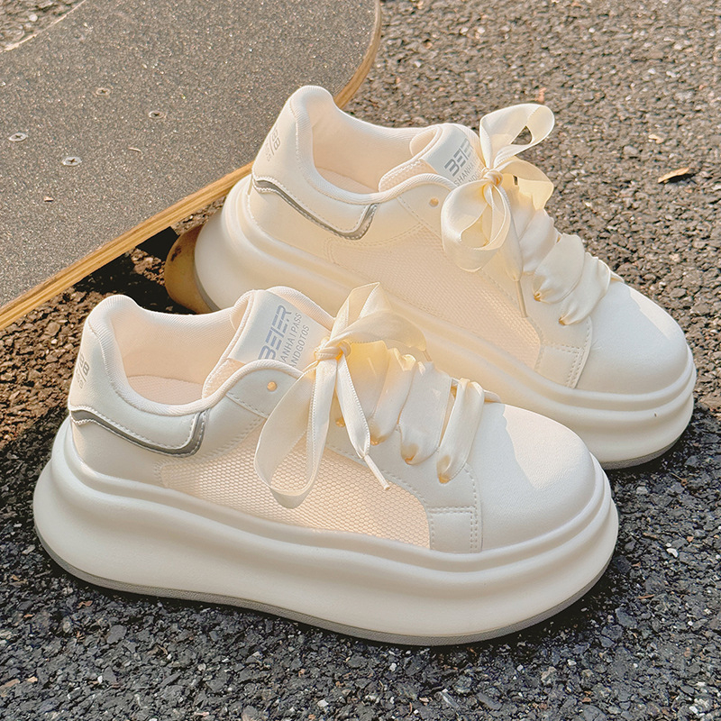 Дамски дишащи мрежести обувки - връзки отпред, горна част с средна височина (3–7 см), горна част от синтетична кожа, гумена подметка, EVA стелка, закръглен нос, едноцветни, пролет 2025