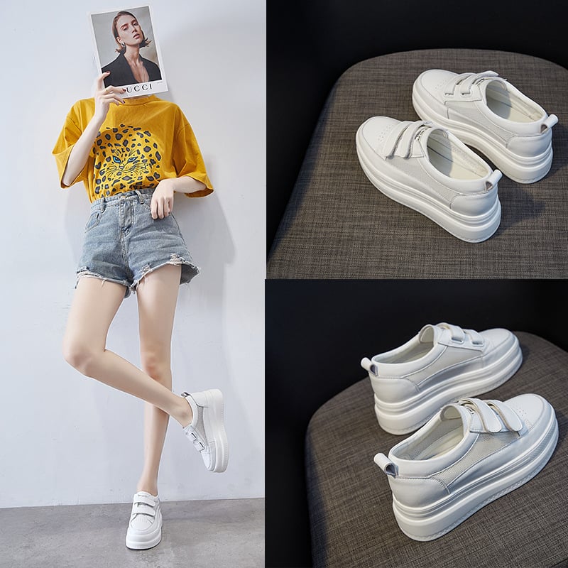 Adidași sport pentru femei din piele naturală cu Velcro, încălțăminte casual slip-on, creștere internă a înălțimii (3–5 cm), talpă TPR