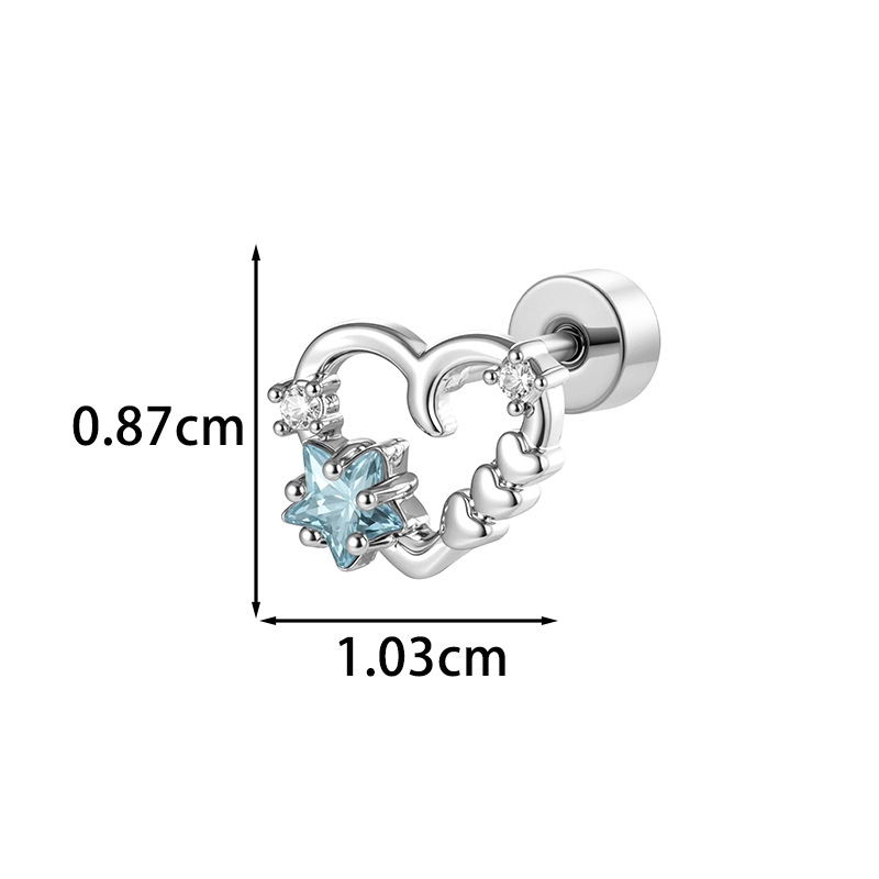 Kõrva luu nael – südamekujuline tühi nõel, tähtega zirkon kristallid, elektroplahitud metall, unisex vintage stiil