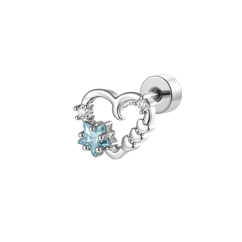 Kõrva luu nael – südamekujuline tühi nõel, tähtega zirkon kristallid, elektroplahitud metall, unisex vintage stiil