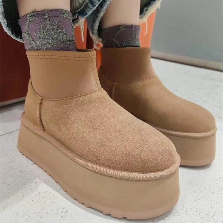 Γυναικείες μπότες χιονιού από γνήσιο δέρμα, επένδυση μαλλί, EVA σόλα, χαμηλό ύψος αστραγάλου, μεσαίο 3-5 cm τακούνι