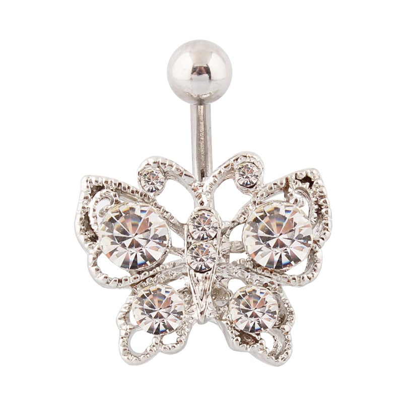 Пръстен за пъпа с пеперуден дизайн, метален, диамантена обработка, женски стил