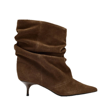 Sieviešu modes zābaki ar šauru purnu, velūra augšdaļa, gumijas zole, īss potītes augstums, plāns papēdis