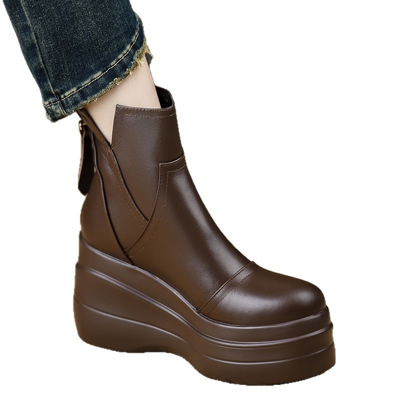 Sieviešu kurpes ar klinu papēdi, ūdensizturīgas, ar aizmugurējo rāvējslēdzēju, plata platforma, PU ādas augšdaļa, apaļa purngala