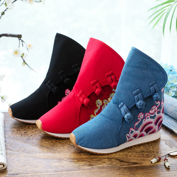 Ziemas sieviešu zābaki ar izšūtu ziedu rakstu, auduma augšdaļa, TPR zole, klinveida papēdis 3–5 cm