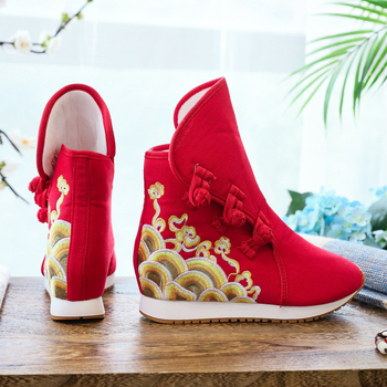 Ziemas sieviešu zābaki ar izšūtu ziedu rakstu, auduma augšdaļa, TPR zole, klinveida papēdis 3–5 cm