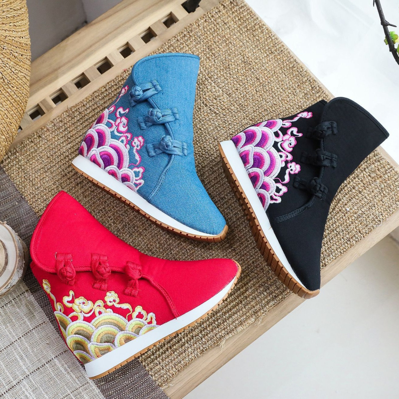 Ziemas sieviešu zābaki ar izšūtu ziedu rakstu, auduma augšdaļa, TPR zole, klinveida papēdis 3–5 cm