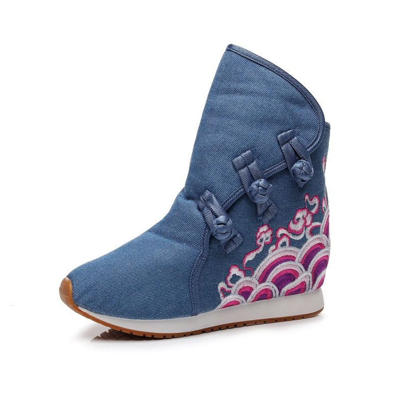 Ziemas sieviešu zābaki ar izšūtu ziedu rakstu, auduma augšdaļa, TPR zole, klinveida papēdis 3–5 cm