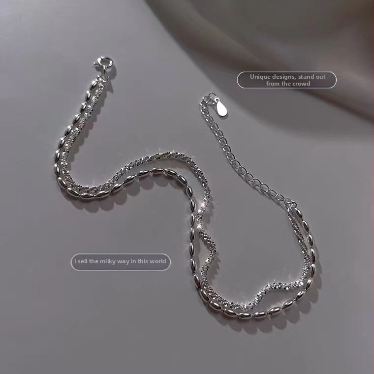 Bokalánc ezüst S925 anyagból, kettős rétegű dizájn rizsszemekkel és csillagfény mintával, nőknek, geometrikus stílus.