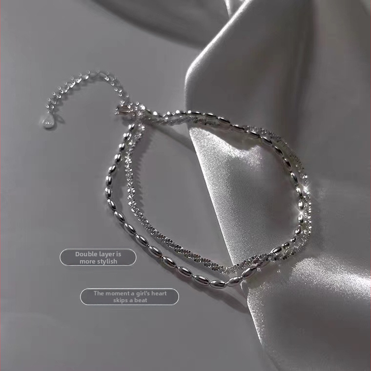 Bokalánc ezüst S925 anyagból, kettős rétegű dizájn rizsszemekkel és csillagfény mintával, nőknek, geometrikus stílus.