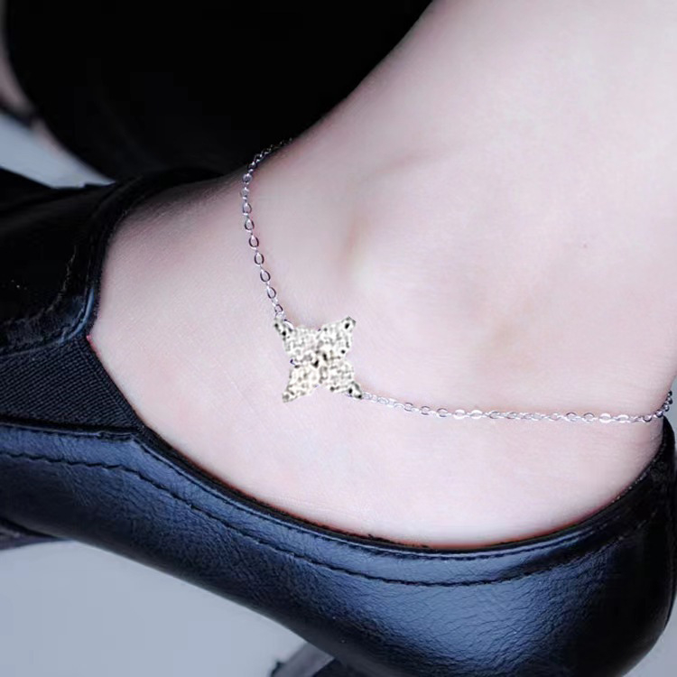 Brățară de gleznă din argint S925, motiv trifoi cu patru foi, placare cu aur 18K, cu diamante încrustate, stil luxos ușor