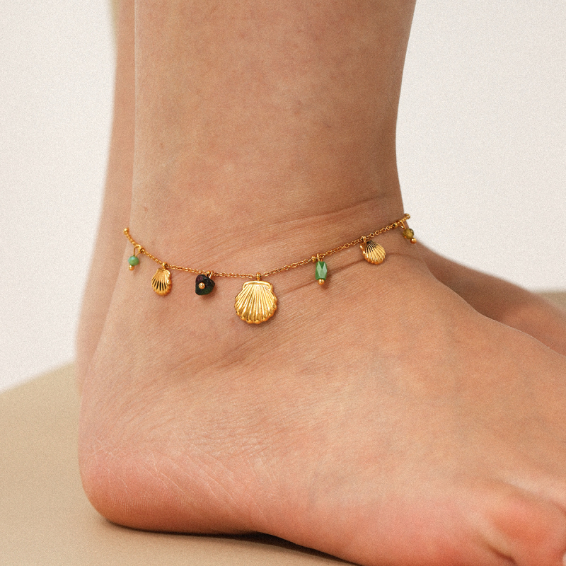 Anklet od nehrđajućeg čelika s privjeskom od školjke i prirodnog kamena, vakuumska premaznica, vodootporno za žene