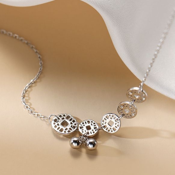 S925 srebrni anklet s novčićem, antikni minimalistički stil, talisman sreće